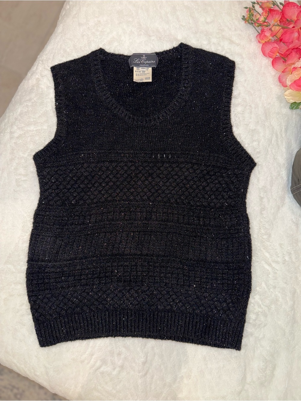 Vintage Les Copains Black Knit Cable-Texture Sleeveless Vest Size 44